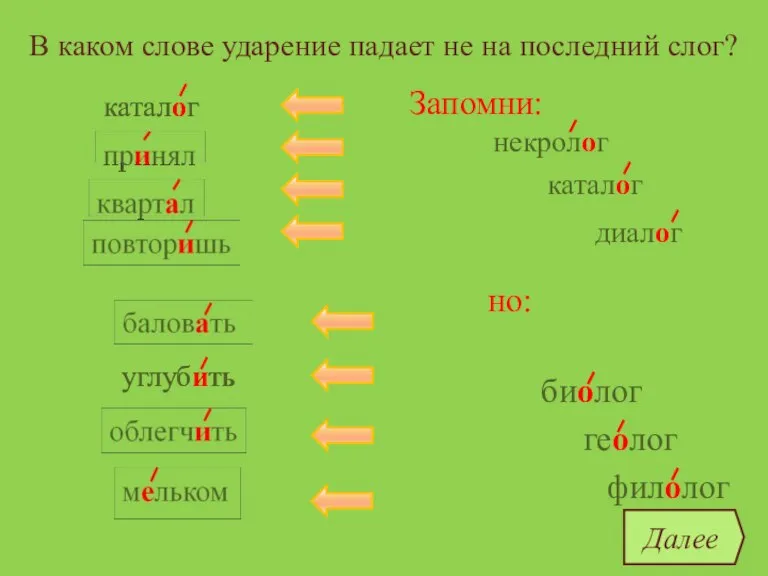 В каком слове ударение падает не на последний слог? каталог квартал облегчить