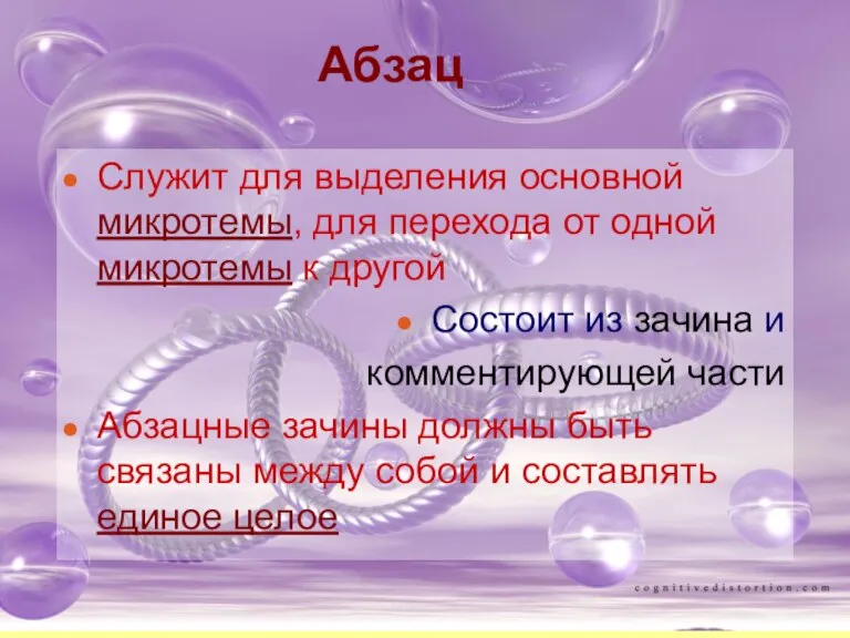 Абзац Служит для выделения основной микротемы, для перехода от одной микротемы к