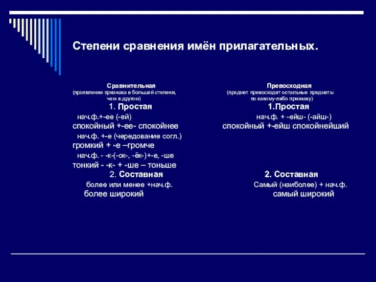 Степени сравнения имён прилагательных. Сравнительная Превосходная (проявление признака в большей степени, (предмет