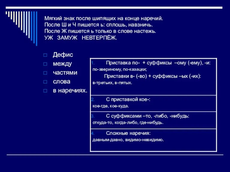 Мягкий знак после шипящих на конце наречий. После Ш и Ч пишется