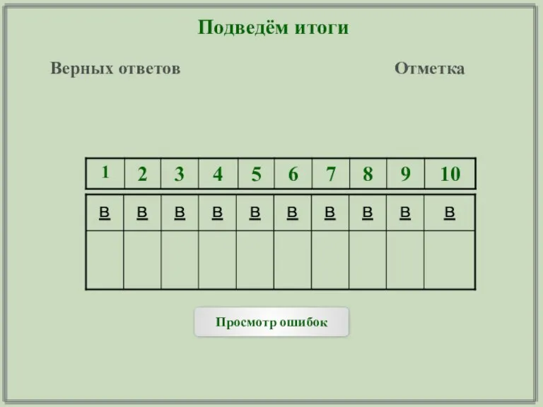 Подведём итоги Верных ответов Отметка Просмотр ошибок в в в в в