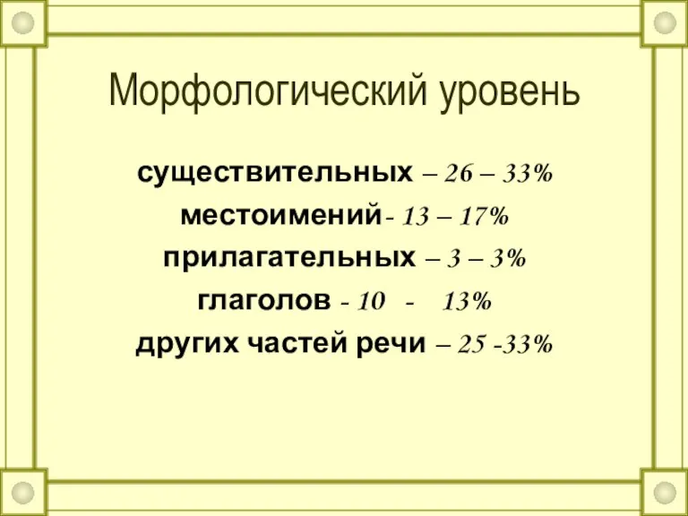 Морфологический уровень существительных – 26 – 33% местоимений- 13 – 17% прилагательных