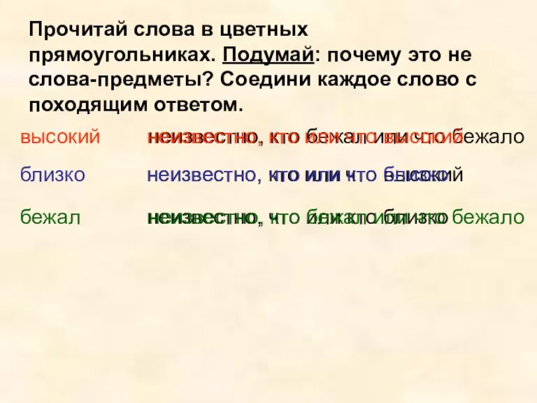 Прочитай слова в цветных прямоугольниках. Подумай: почему это не слова-предметы? Соедини каждое