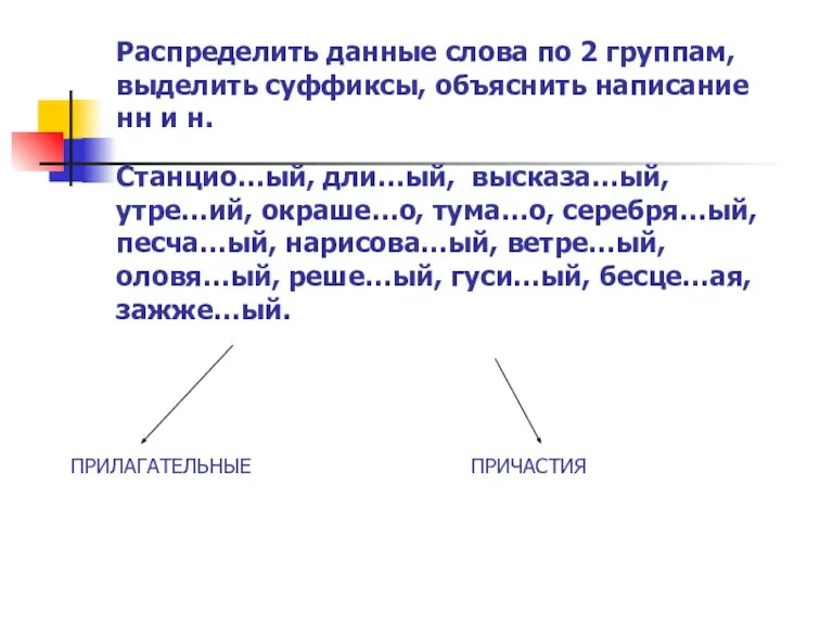 Распределить данные слова по 2 группам, выделить суффиксы, объяснить написание нн и