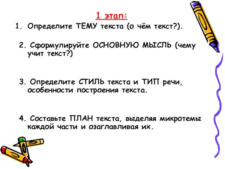 1 этап: Определите ТЕМУ текста (о чём текст?). 2. Сформулируйте ОСНОВНУЮ МЫСЛЬ