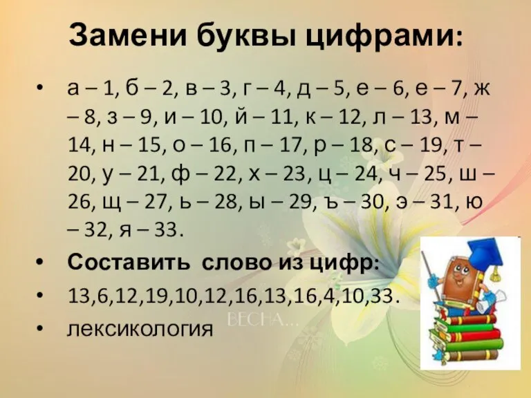 Замени буквы цифрами: а – 1, б – 2, в – 3,