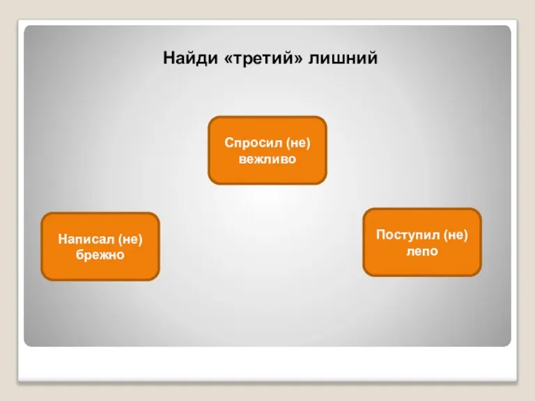 Найди «третий» лишний Спросил (не)вежливо Написал (не)брежно Поступил (не)лепо