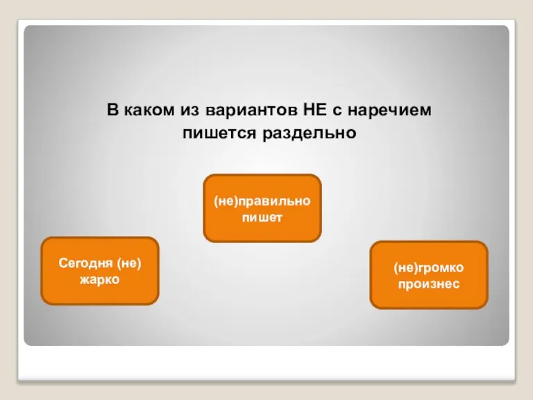 В каком из вариантов НЕ с наречием пишется раздельно Сегодня (не) жарко (не)правильно пишет (не)громко произнес