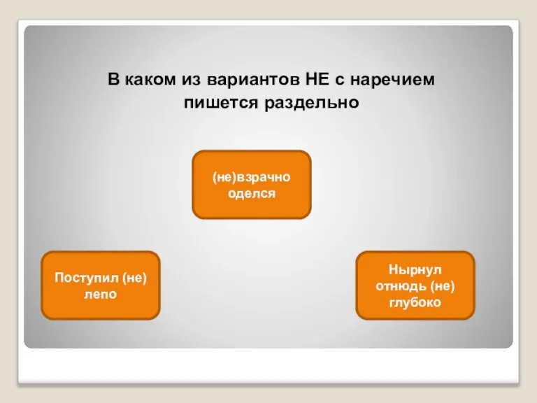 В каком из вариантов НЕ с наречием пишется раздельно Нырнул отнюдь (не)