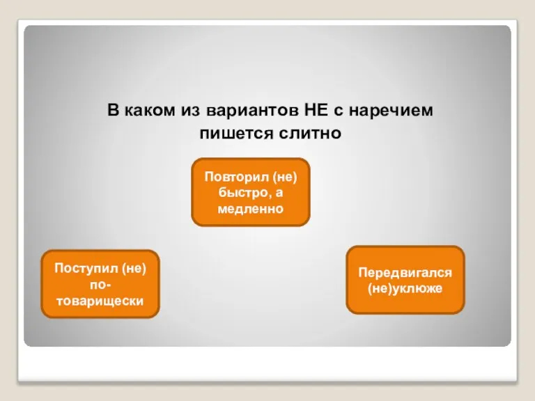 В каком из вариантов НЕ с наречием пишется слитно Передвигался (не)уклюже Поступил