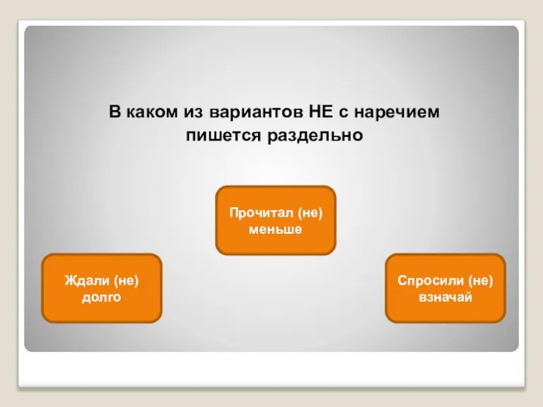 В каком из вариантов НЕ с наречием пишется раздельно Прочитал (не)меньше Ждали (не)долго Спросили (не)взначай