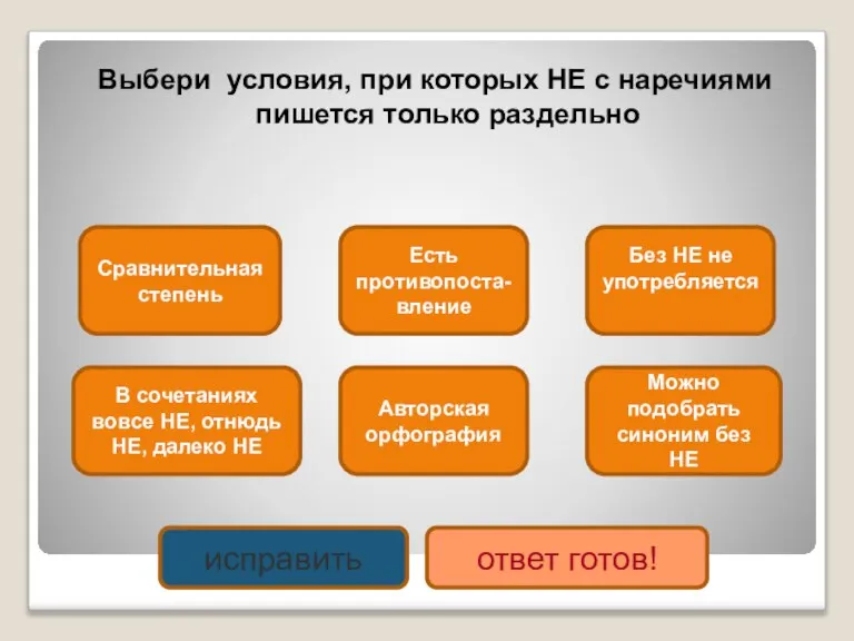 Сравнительная степень В сочетаниях вовсе НЕ, отнюдь НЕ, далеко НЕ Есть противопоста-