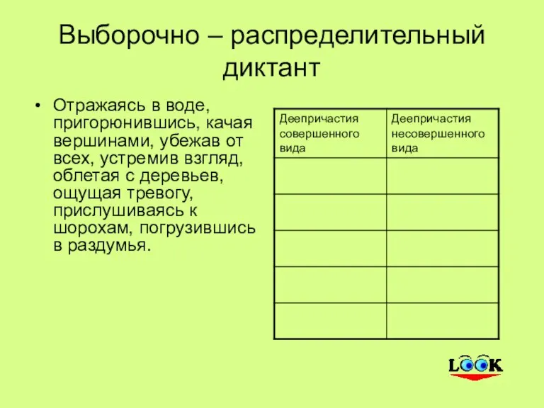 Выборочно – распределительный диктант Отражаясь в воде, пригорюнившись, качая вершинами, убежав от