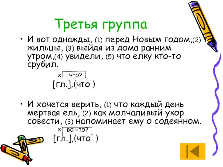 Третья группа И вот однажды, (1) перед Новым годом,(2) жильцы, (3) выйдя