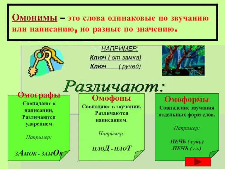 Омонимы – это слова одинаковые по звучанию или написанию, но разные по