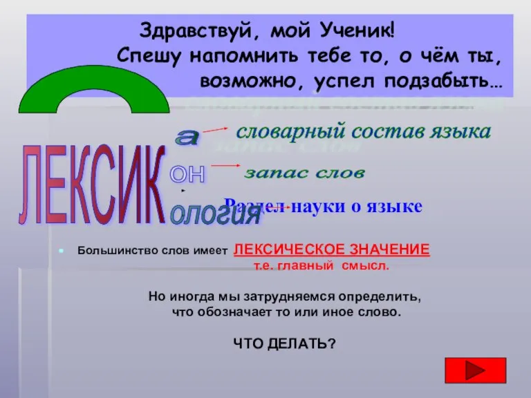 Раздел науки о языке Большинство слов имеет ЛЕКСИЧЕСКОЕ ЗНАЧЕНИЕ т.е. главный смысл.