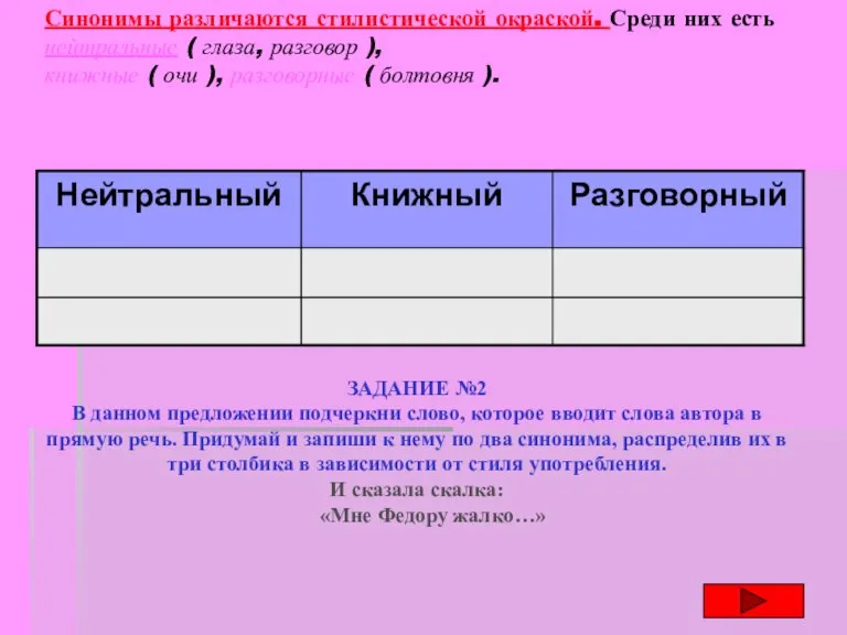 Синонимы различаются стилистической окраской. Среди них есть нейтральные ( глаза, разговор ),