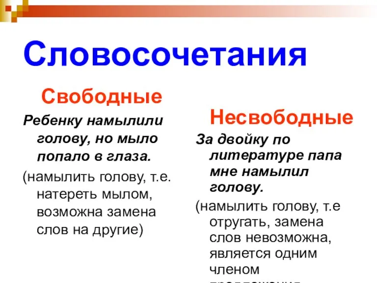 Словосочетания Свободные Ребенку намылили голову, но мыло попало в глаза. (намылить голову,