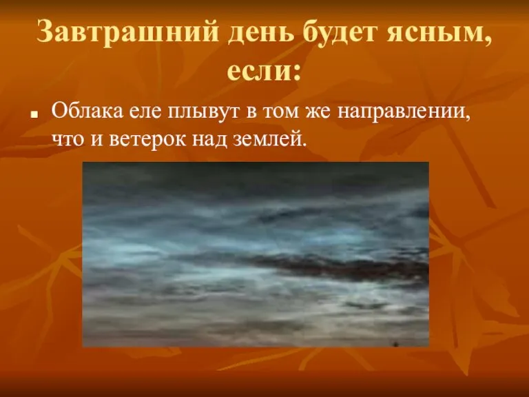 Завтрашний день будет ясным, если: Облака еле плывут в том же направлении,