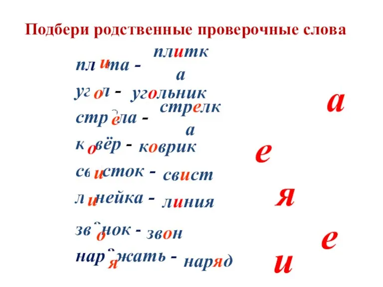 Подбери родственные проверочные слова пл?та - уг?л - стр?ла - к?вёр -