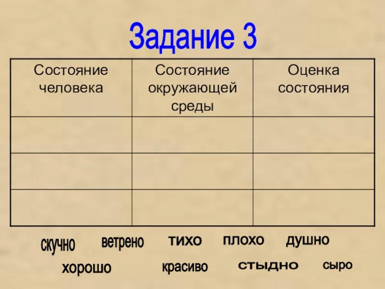 Задание 3 скучно ветрено тихо плохо душно хорошо красиво стыдно сыро