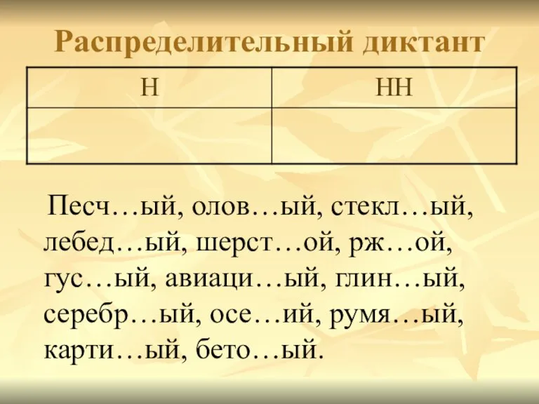 Распределительный диктант Песч…ый, олов…ый, стекл…ый, лебед…ый, шерст…ой, рж…ой, гус…ый, авиаци…ый, глин…ый, серебр…ый, осе…ий, румя…ый, карти…ый, бето…ый.