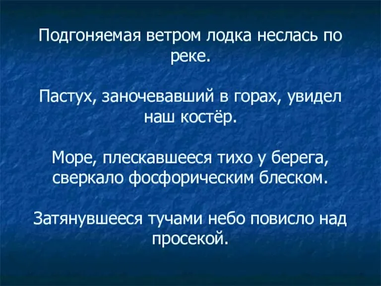 Подгоняемая ветром лодка неслась по реке. Пастух, заночевавший в горах, увидел наш