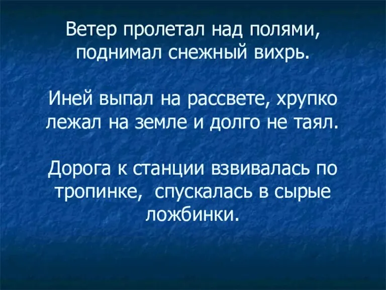 Ветер пролетал над полями, поднимал снежный вихрь. Иней выпал на рассвете, хрупко