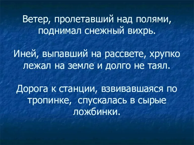 Ветер, пролетавший над полями, поднимал снежный вихрь. Иней, выпавший на рассвете, хрупко