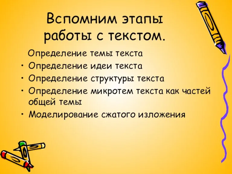 Вспомним этапы работы с текстом. Определение темы текста Определение идеи текста Определение