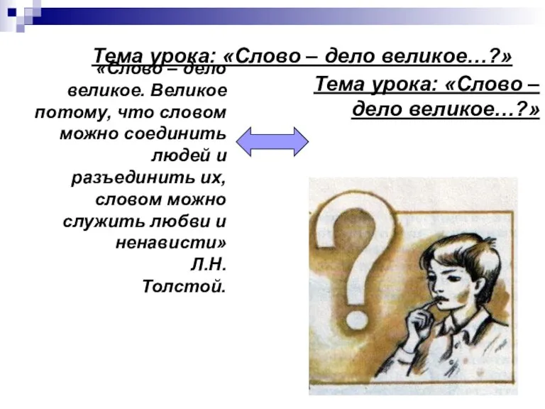 Тема урока: «Слово – дело великое…?» Тема урока: «Слово – дело великое…?»