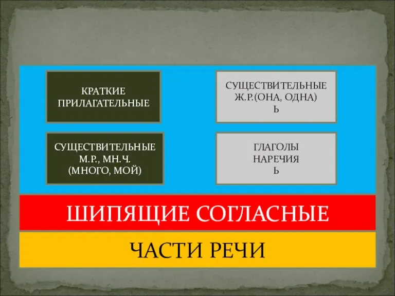 ШИПЯЩИЕ СОГЛАСНЫЕ ЧАСТИ РЕЧИ КРАТКИЕ ПРИЛАГАТЕЛЬНЫЕ СУЩЕСТВИТЕЛЬНЫЕ М.Р., МН.Ч. (МНОГО, МОЙ) СУЩЕСТВИТЕЛЬНЫЕ