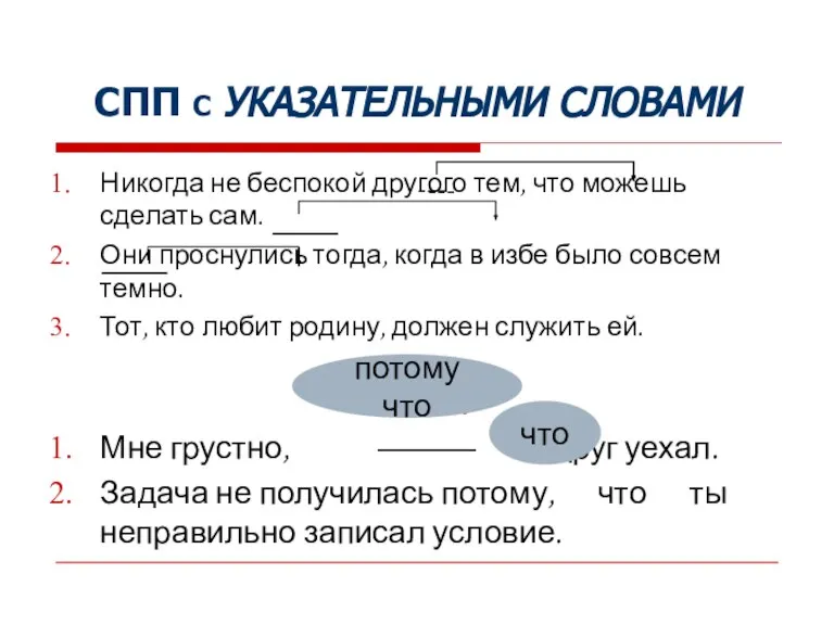 СПП С УКАЗАТЕЛЬНЫМИ СЛОВАМИ Никогда не беспокой другого тем, что можешь сделать