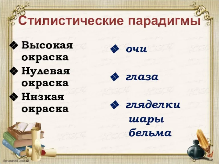 Стилистические парадигмы Высокая окраска Нулевая окраска Низкая окраска очи глаза гляделки шары бельма