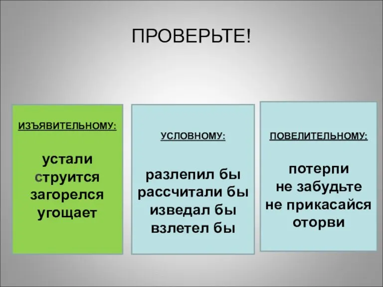 ПРОВЕРЬТЕ! ИЗЪЯВИТЕЛЬНОМУ: устали струится загорелся угощает УСЛОВНОМУ: разлепил бы рассчитали бы изведал