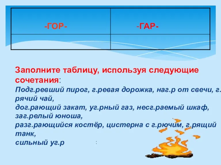 : Заполните таблицу, используя следующие сочетания: Подг.ревший пирог, г.ревая дорожка, наг.р от