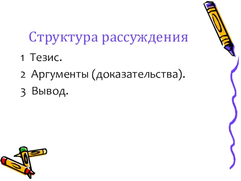 Структура рассуждения 1 Тезис. 2 Аргументы (доказательства). 3 Вывод.