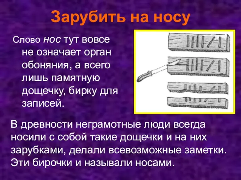 Зарубить на носу Слово нос тут вовсе не означает орган обоняния, а