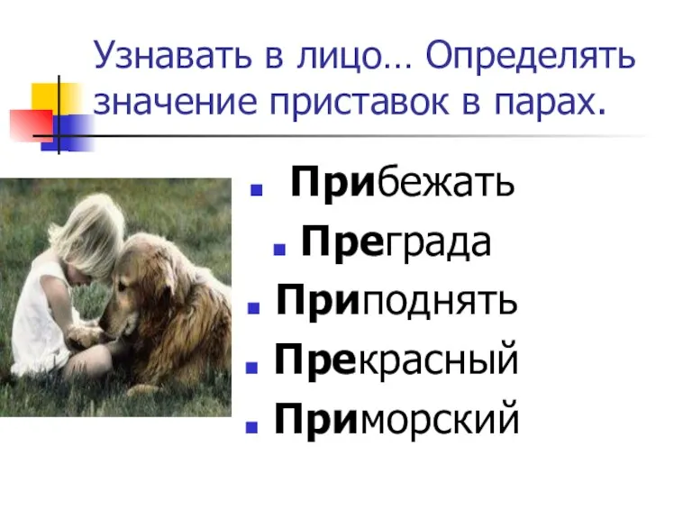 Узнавать в лицо… Определять значение приставок в парах. Прибежать Преграда Приподнять Прекрасный Приморский