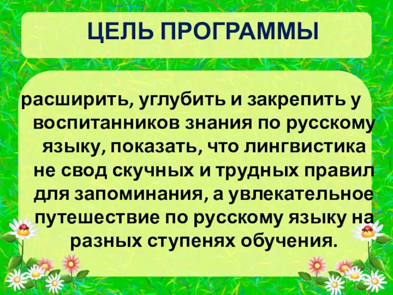 ЦЕЛЬ ПРОГРАММЫ расширить, углубить и закрепить у воспитанников знания по русскому языку,