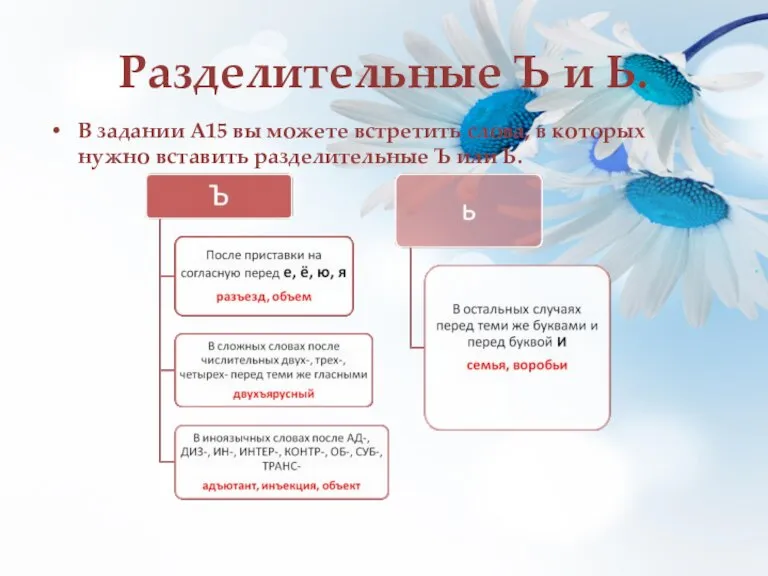 Разделительные Ъ и Ь. В задании А15 вы можете встретить слова, в