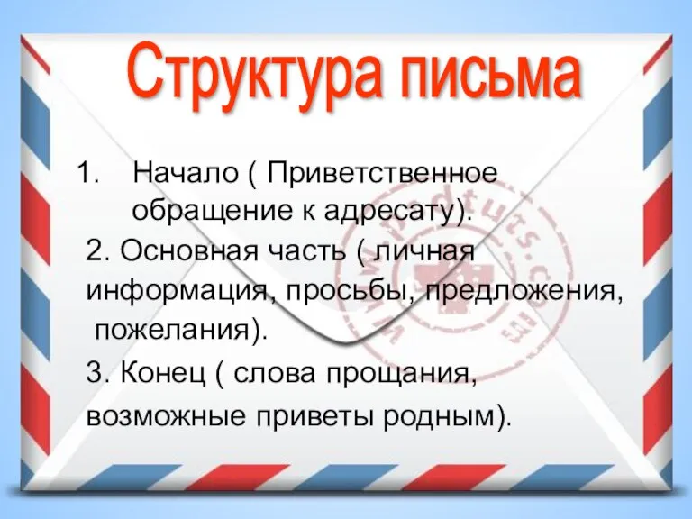 Начало ( Приветственное обращение к адресату). Структура письма 2. Основная часть (