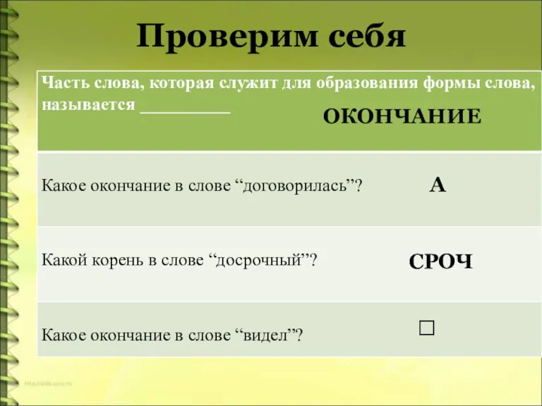 Проверим себя ОКОНЧАНИЕ А СРОЧ □