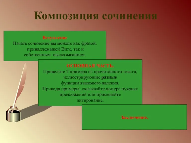 Композиция сочинения Вступление Начать сочинение вы можете как фразой, принадлежащей Вите, так