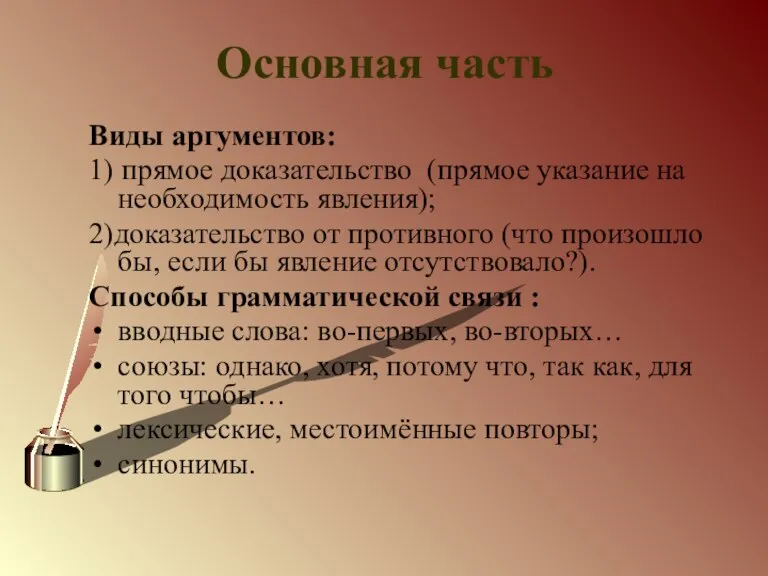 Основная часть Виды аргументов: 1) прямое доказательство (прямое указание на необходимость явления);