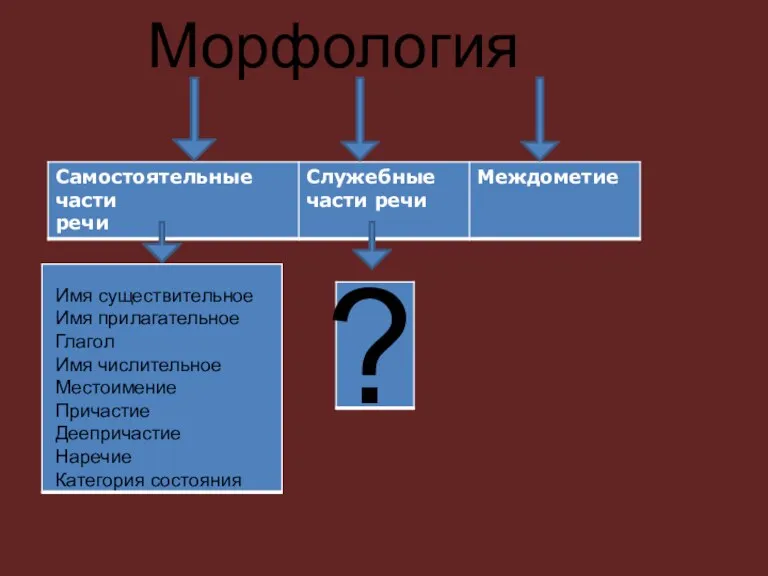 Морфология Имя существительное Имя прилагательное Глагол Имя числительное Местоимение Причастие Деепричастие Наречие Категория состояния ?