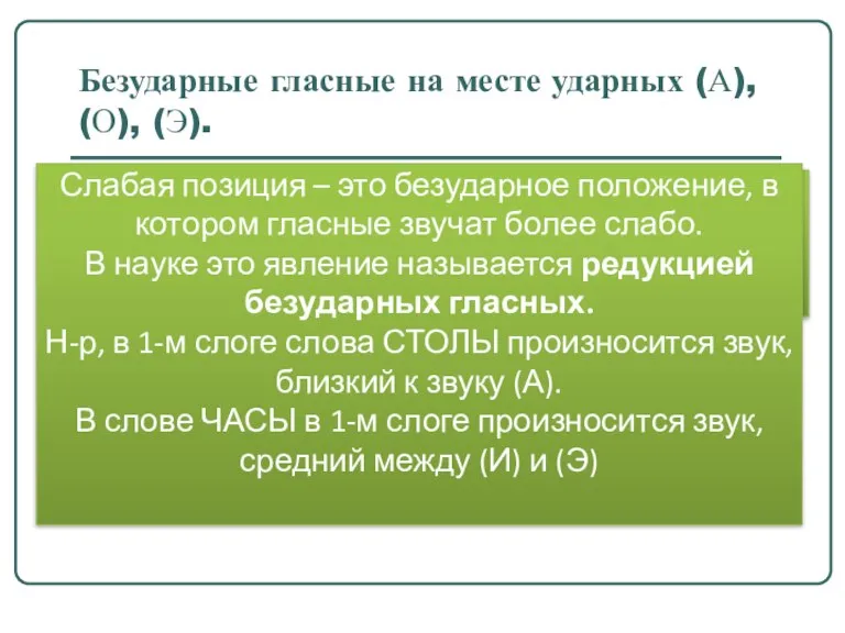 Безударные гласные на месте ударных (А), (О), (Э). Гласные звуки чётко произносятся