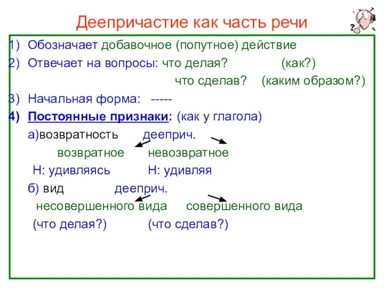 Нефёдова О.Н. Деепричастие как часть речи Обозначает добавочное (попутное) действие Отвечает на