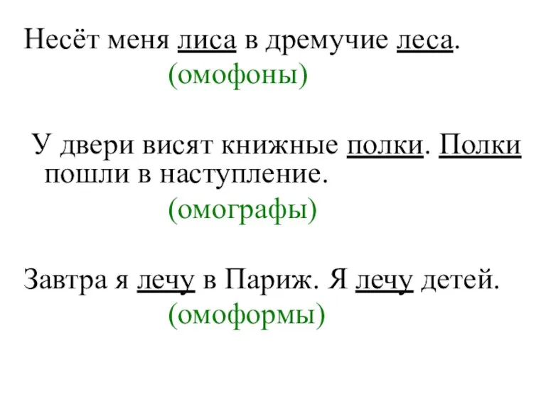 Несёт меня лиса в дремучие леса. (омофоны) У двери висят книжные полки.