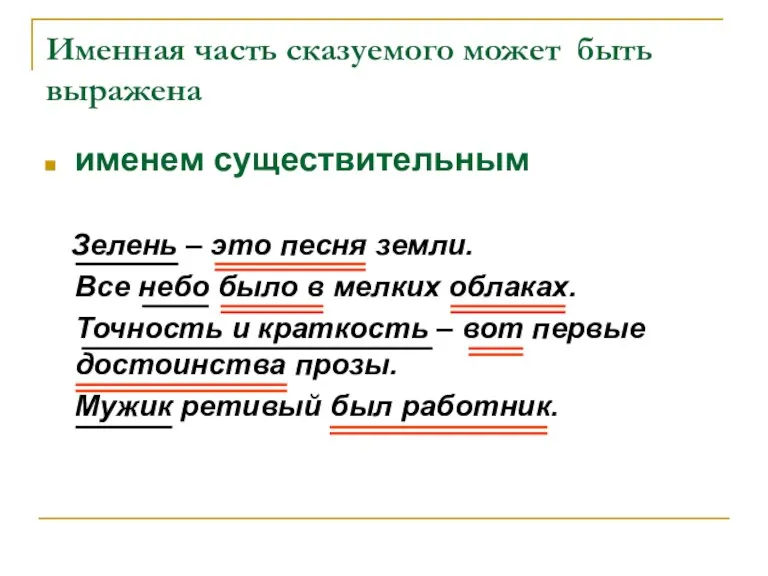 Именная часть сказуемого может быть выражена именем существительным Зелень – это песня